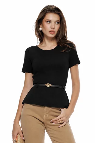 Bluza dama eleganta neagra cu peplum din tricot premium bordo curea si catarama aurie