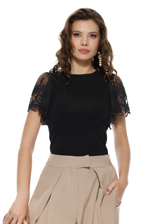 Bluza dama eleganta neagra din bumbac cu maneci din dantela premium 