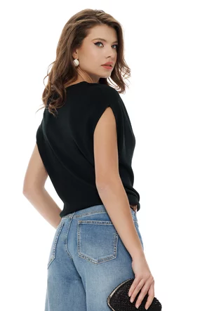 Bluza dama eleganta neagra premium cu guler fald si accesoriu metalic detasabil