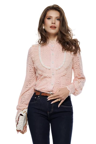 Bluza dama eleganta roz din dantela catifelata cu jabou dantelat conturat cu perle