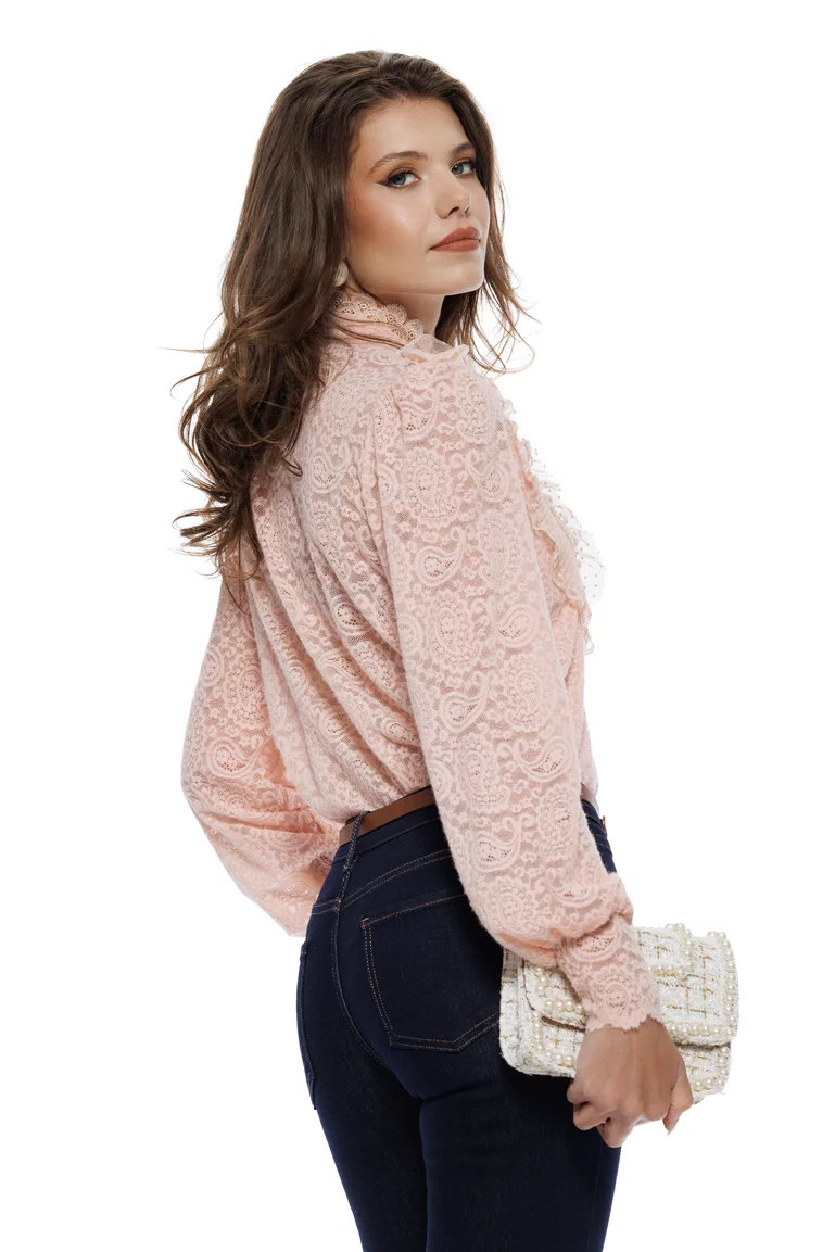 Bluza dama eleganta roz din dantela catifelata cu jabou dantelat conturat cu perle picture - 2