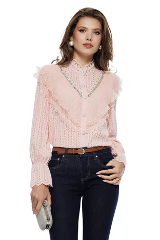 Bluza dama eleganta roz din dantela catifelata cu jabou in V dantelat cu aplicatii de cristale maxi