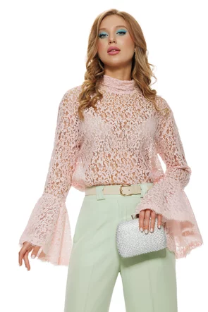 Bluza dama eleganta roz din dantela premium de bumbac cu volane si esarfa innodata