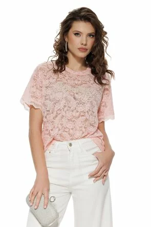 Bluza dama eleganta roz din dantela premium elastica cu aplicatii de perle