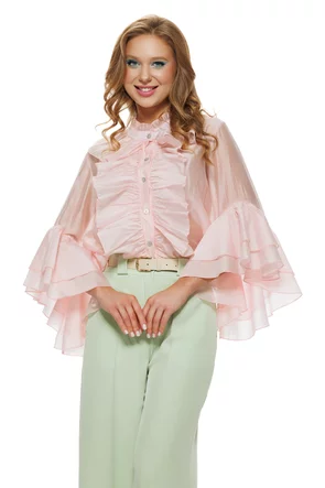 Bluza dama eleganta roz din matase de tencel cu jabou si volane