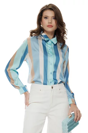 Bluza dama eleganta satinata cu dungi late in nuante de albastru
