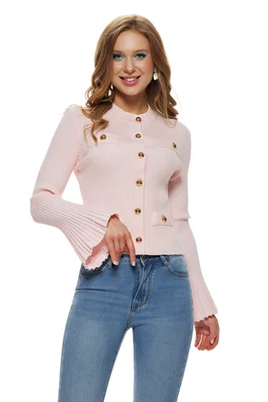 Bluza dama eleganta stil jacheta din tricot roz premium cu maneca clopotel plisat