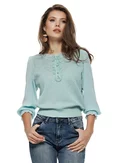 Bluza dama eleganta turcoaz pudrat din tricot fin cu maneci de voal jabou fin dantelat cu perle si cristale picture - 1