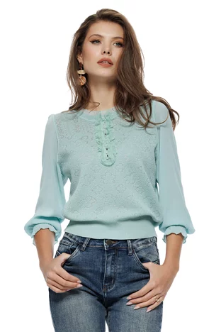 Bluza dama eleganta turcoaz pudrat din tricot fin cu maneci de voal jabou fin dantelat cu perle si cristale