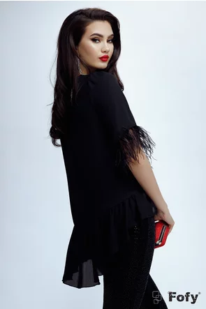 Bluză dama Fofy eleganta de seara din voal negru asimetrica cu pene la maneci si colier cu strasuri