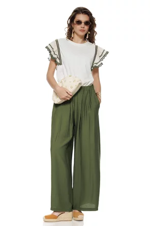 Bluza dama ivoire din bumbac premium maneci brodate cu contur olive