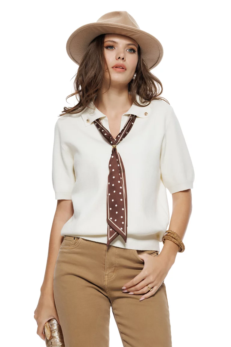 Bluza dama ivoire premium din casmir cu vascoza si esarfa satinata cu buline picture - 2