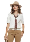 Bluza dama ivoire premium din casmir cu vascoza si esarfa satinata cu buline picture - 1