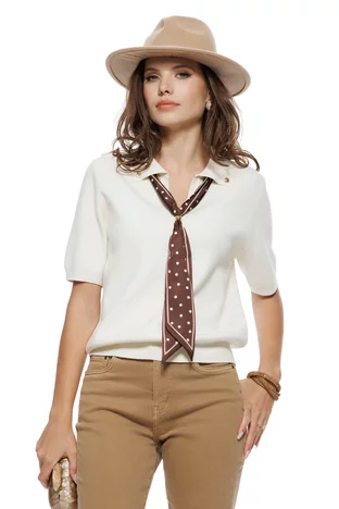 Bluza dama ivoire premium din casmir cu vascoza si esarfa satinata cu buline