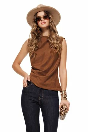 Bluza dama mocca mousse din piele intoarsa ecologica croi asimetric si pliuri