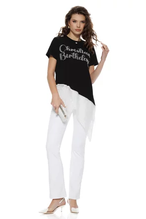 Bluza dama neagra premium brodata cu margele si paiete cu insertii albe asimetrice de matase si dantela