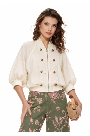 Bluza dama premium bej stil jacheta bomber din in supersoft brademburguri si nasturi militar