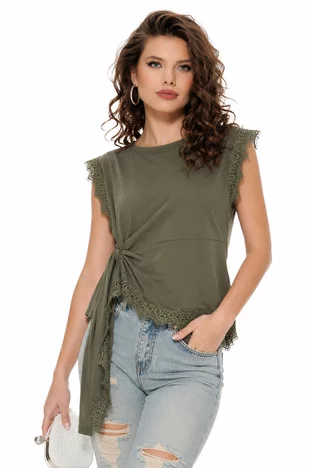 Bluza dama premium din bumbac olive cu inchidere asimetrica si aplicatii de dantela