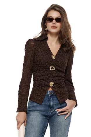 Bluza dama premium din dantela elastica maro cu accesorii metalice detasabile