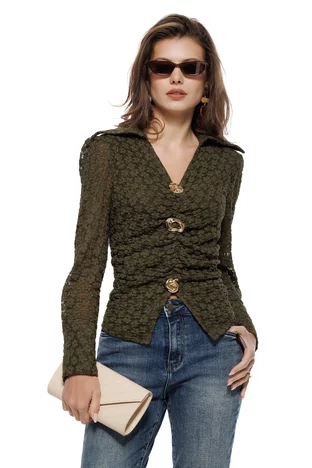 Bluza dama premium din dantela elastica olive cu accesorii metalice detasabile