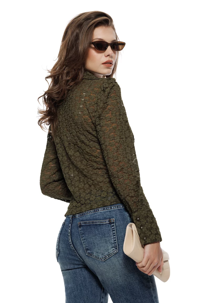 Bluza dama premium din dantela elastica olive cu accesorii metalice detasabile picture - 2