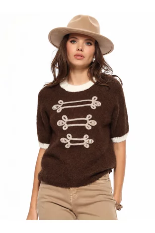 Bluza dama premium din tricot pufos maro cu brandemburguri aurii si nasturi metalici