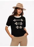 Bluza dama premium din tricot pufos negru cu brandemburguri aurii si nasturi metalici picture - 1