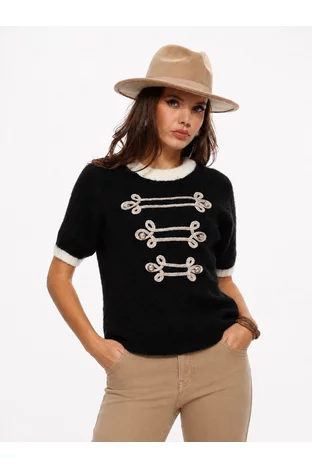 Bluza dama premium din tricot pufos negru cu brandemburguri aurii si nasturi metalici