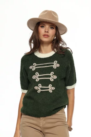 Bluza dama premium din tricot pufos verde cu brandemburguri aurii si nasturi metalici