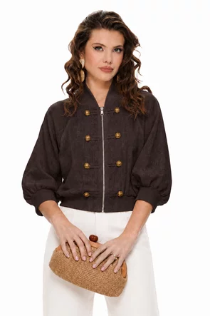 Bluza dama premium maro stil jacheta bomber din in supersoft brademburguri si nasturi militar