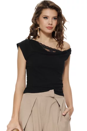 Bluza dama premium neagra cu guler fald asimetric si dublura de dantela chantilly