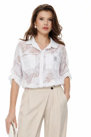 Bluza dama premium tip bomber din dantela alba de bumbac 100% cu buzunare
