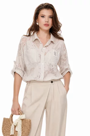 Bluza dama premium tip bomber din dantela bej de bumbac 100% cu buzunare