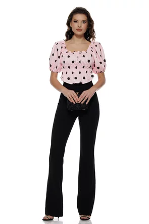 Bluză damă roz retro cu buline negre și mâneci bufante