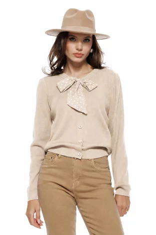 Bluza dama tricotata bej din vascoza premium esarfa satinata cu buline