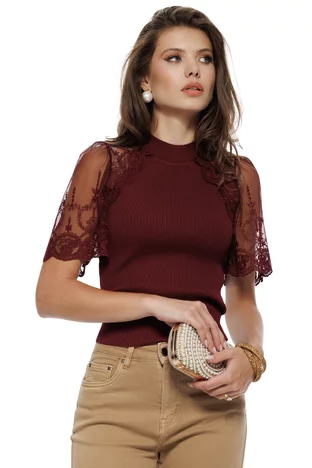 Bluza dama tricotata bordo cu maneci de dantela premium