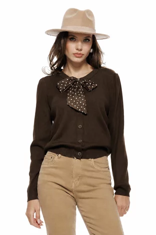 Bluza dama tricotata maro din vascoza premium esarfa satinata cu buline