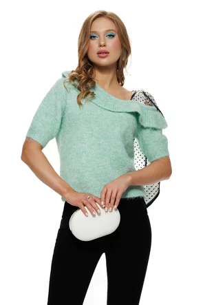 Bluza dama tricotata menta premium cu volan si esarfe cu buline