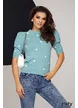 Bluza dama tricotata premium turcoaz cu buline albe din casmir cu bumbac