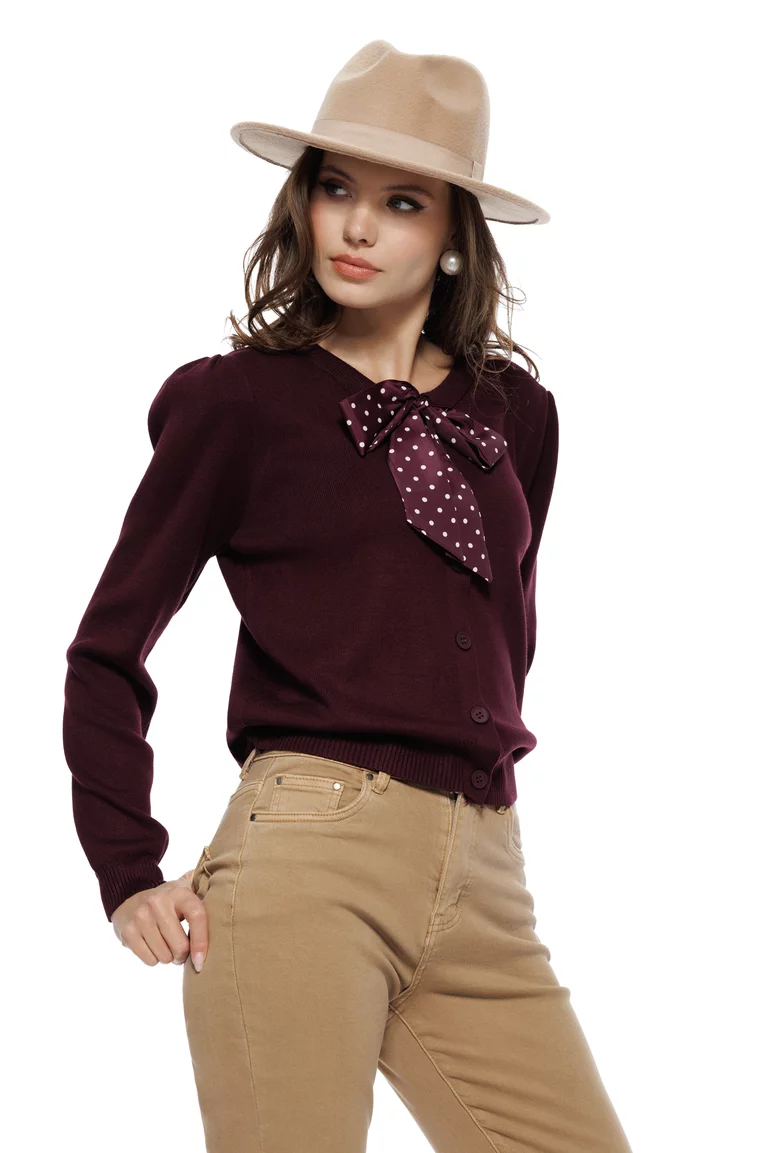 Bluza dama tricotata pruna din vascoza premium esarfa satinata cu buline picture - 2