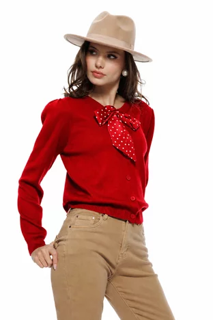 Bluza dama tricotata rosie din vascoza premium esarfa satinata cu buline