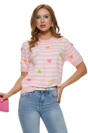 Bluza dama tricotata roz premium cu inimioare brodate multicolore