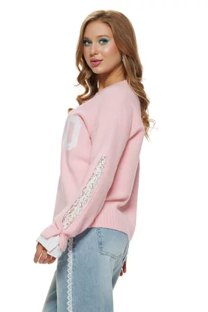 Bluza dama tricotata roz premium cu maneca despicata si aplicatii de dantela alba