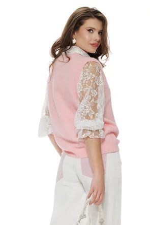 Bluza dama tricotata roz premium cu maneca si revere de dantela chantily