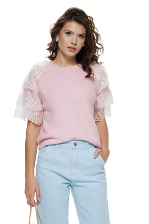 Bluza dama tricotata roz premium cu volane de dantela