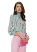 Bluza Fofy dama turcoaz eleganta imprimeu flori de cires mansete late incretite