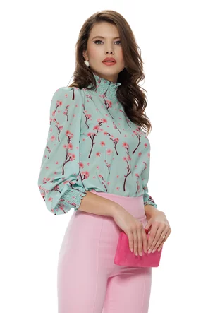 Bluza Fofy dama turcoaz eleganta imprimeu flori de cires mansete late incretite