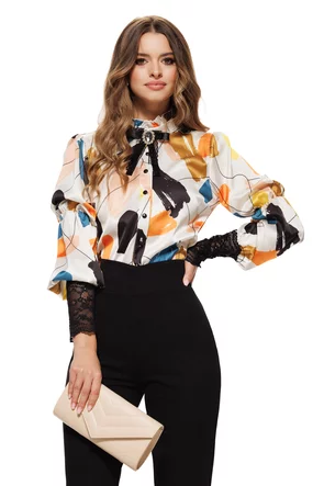 Bluză Fofy elegantă din saten imprimat si manseta lata din dantela