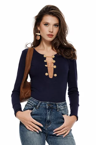 Body dama bleumarin din rayon premium cu decolteu generos si nasuri aurii
