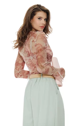 Body dama elegant din tul roz cu imprimeu floral cu fronseuri spectaculoase